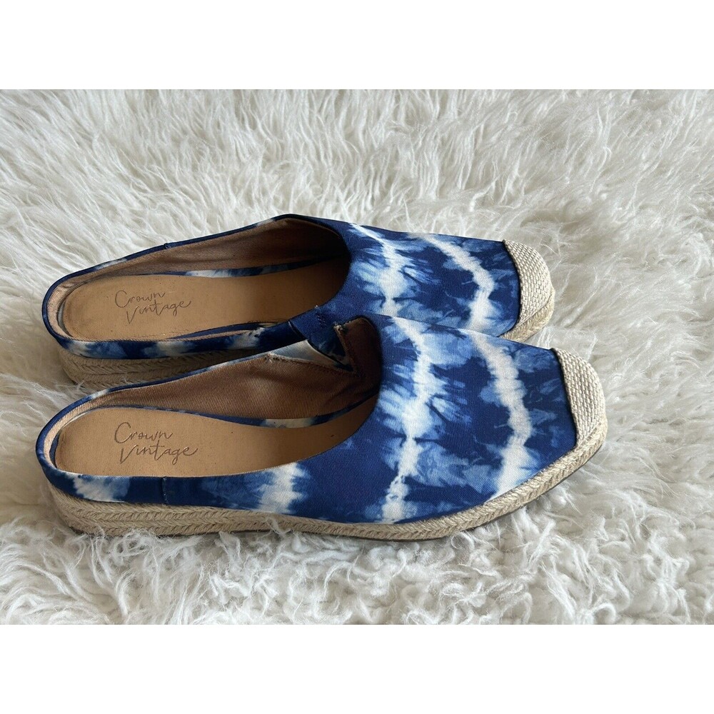 Crown Vintage LONARI Size 8 Blue Tie Dye Wedge Slip On Espadrille Mules